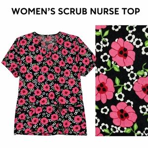 Izzy Scrub Top Womens X-Small Black Pink Flowers Mock Wrap Two Pockets V-Neck